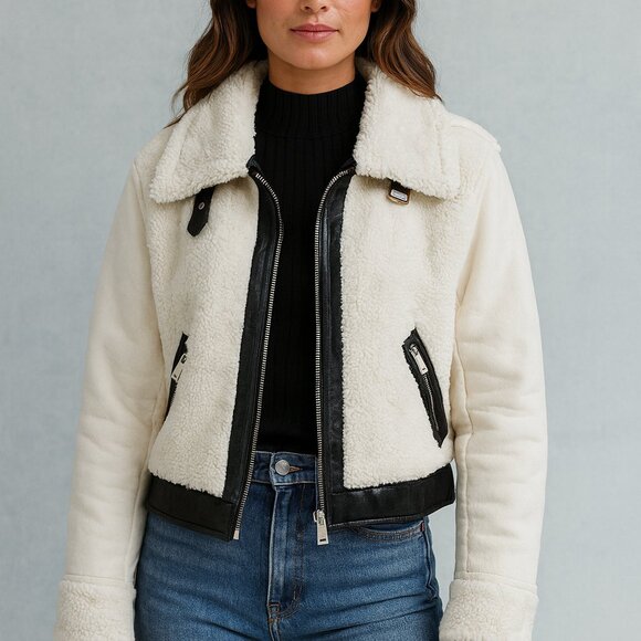 C&C California Jackets & Blazers - C & C California Plush Fleece Teddy Zip Black Contrast Aviator Moto Jacket Sz L